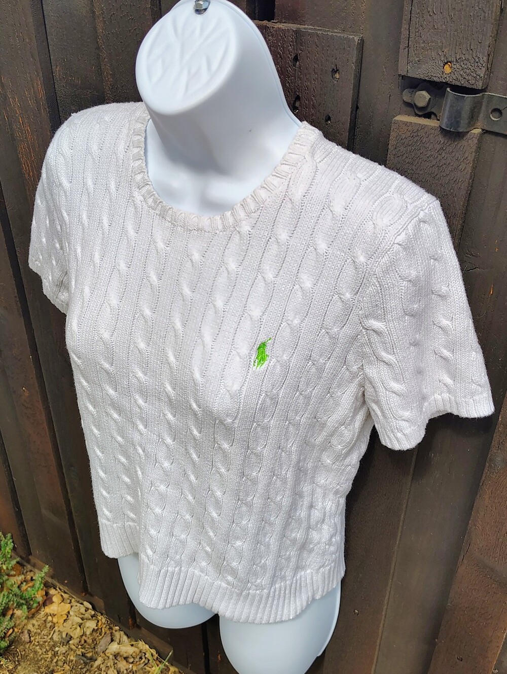 Ralph Lauren White Cable-Knit Short Sleeve Sweater Top with Green Pony